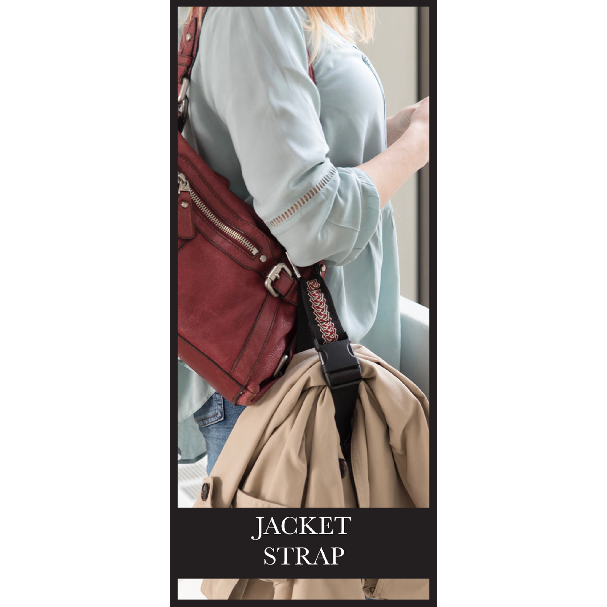 My Fave Jacket Strap holding a jacket on a purse